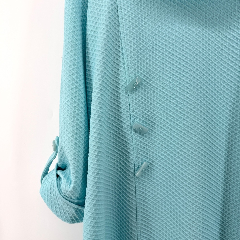Ali Miles Womens Aqua Blue Waffle Knit Cowl Neck Roll Tab Sleeve Tunic Top Large - Picture 6 of 10